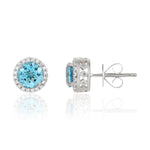 9ct White Gold Round Natural Swiss Blue Topaz & Diamond Claw Set Cluster Stud Earrings — 6mm