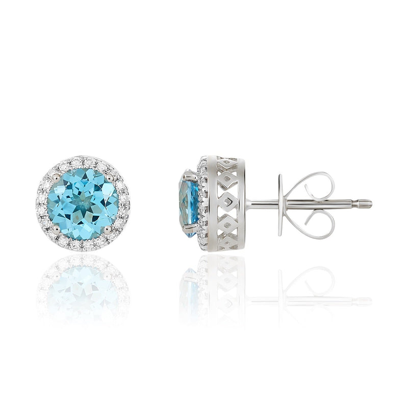 9ct White Gold Round Natural Swiss Blue Topaz & Diamond Claw Set Cluster Stud Earrings — 6mm