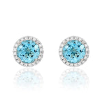 9ct White Gold Round Natural Swiss Blue Topaz & Diamond Claw Set Cluster Stud Earrings — 6mm