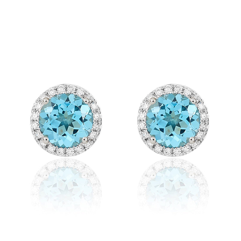 9ct White Gold Round Natural Swiss Blue Topaz & Diamond Claw Set Cluster Stud Earrings — 6mm
