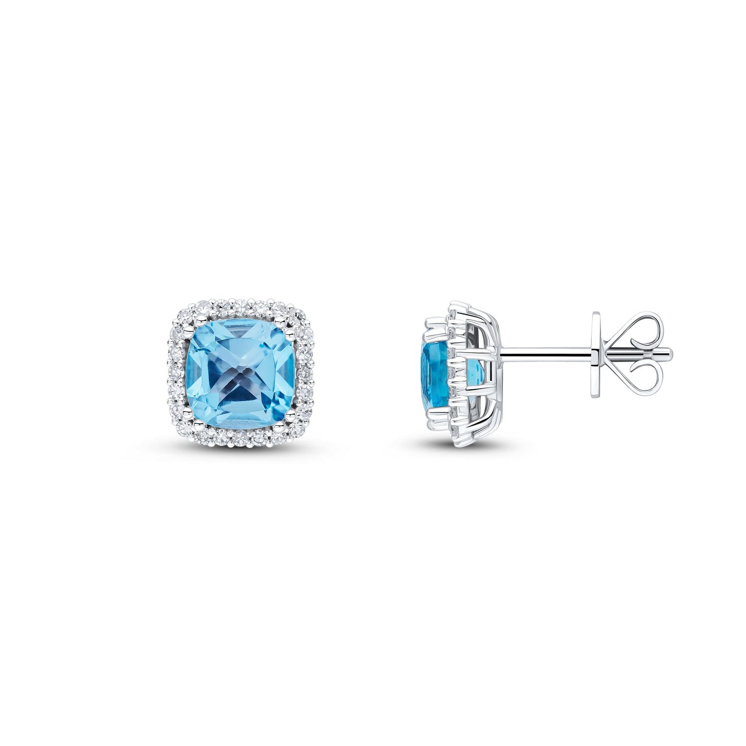 9ct White Gold Cushion Natural Swiss Blue Topaz and Diamond Halo Cluster Earrings — 6mm