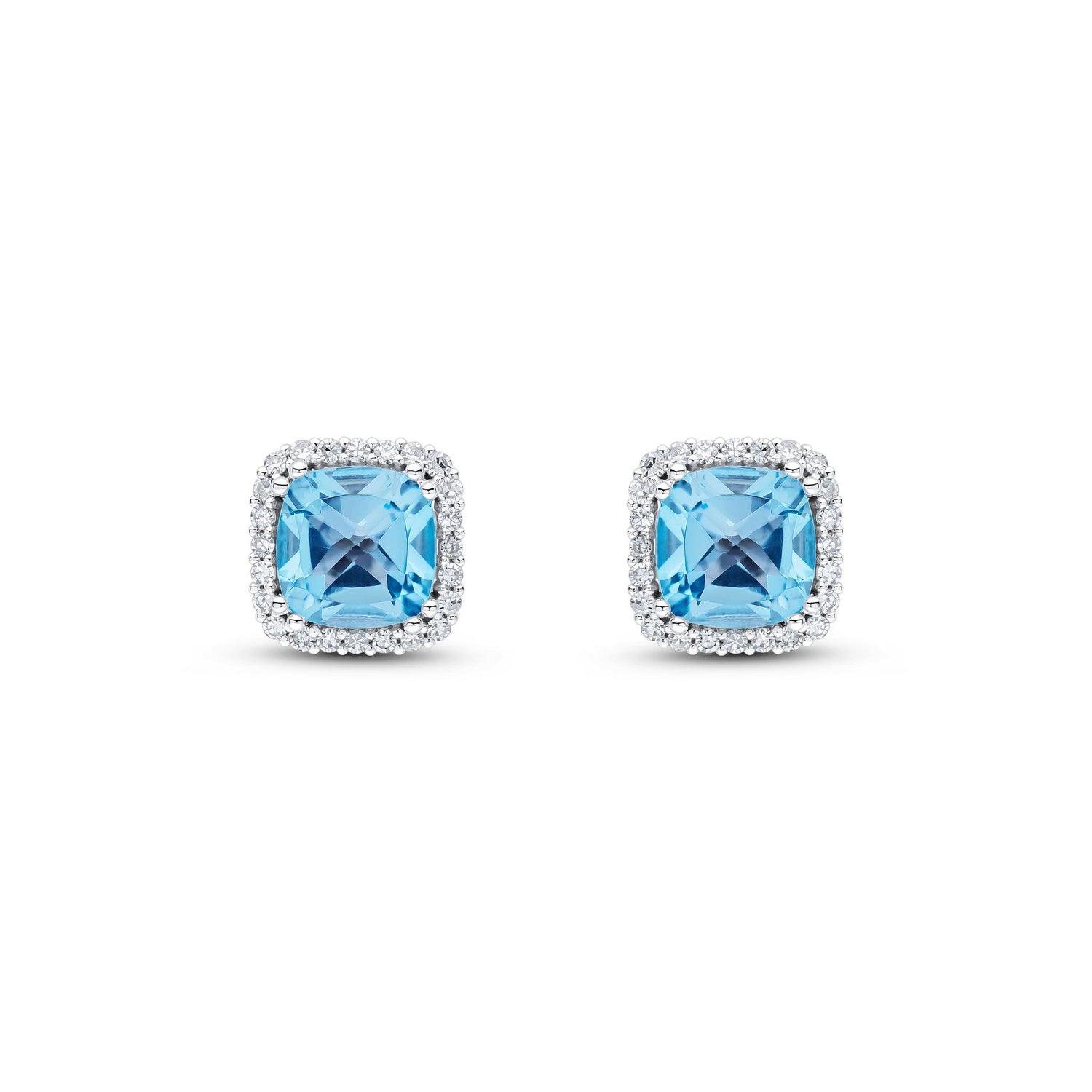 9ct White Gold Cushion Natural Swiss Blue Topaz and Diamond Halo Cluster Earrings — 6mm