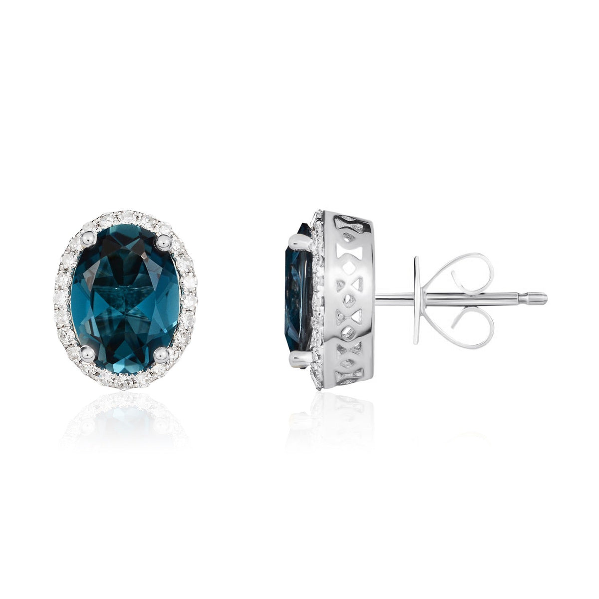 9ct White Gold Oval Natural London Blue Topaz & Diamond Claw Set Cluster Stud Earrings — 8x6mm
