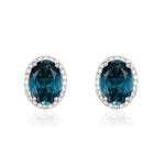 9ct White Gold Oval Natural London Blue Topaz & Diamond Claw Set Cluster Stud Earrings — 8x6mm