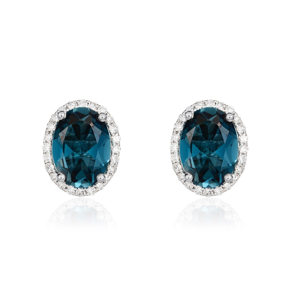 9ct White Gold Oval Natural London Blue Topaz & Diamond Claw Set Cluster Stud Earrings — 8x6mm