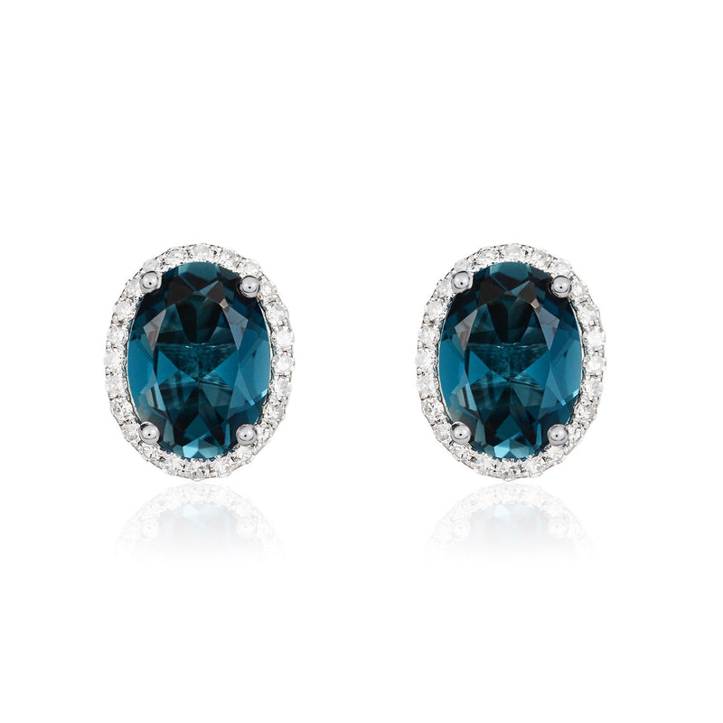 9ct White Gold Oval Natural London Blue Topaz & Diamond Claw Set Cluster Stud Earrings — 8x6mm