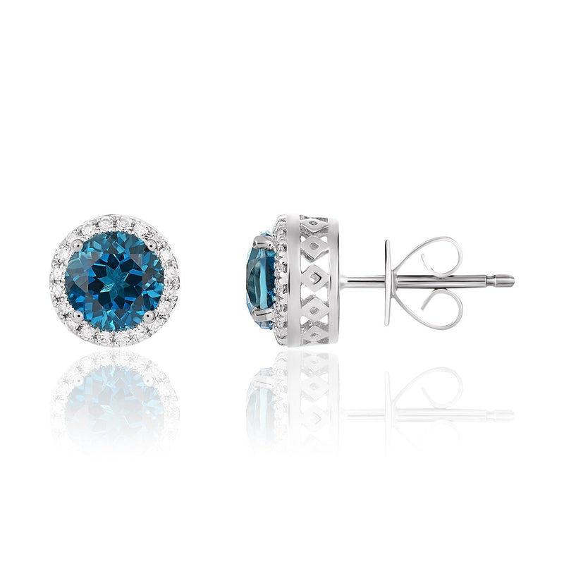 9ct White Gold Round Natural London Blue Topaz & Diamond Claw Set Cluster Stud Earrings — 6mm