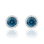 9ct White Gold Round Natural London Blue Topaz & Diamond Claw Set Cluster Stud Earrings — 6mm