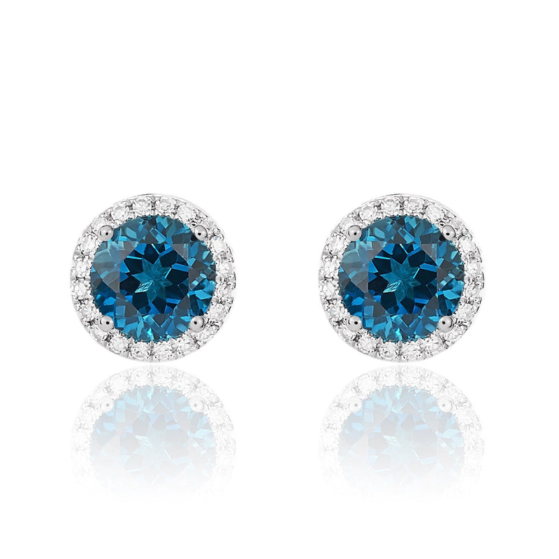 9ct White Gold Round Natural London Blue Topaz & Diamond Claw Set Cluster Stud Earrings — 6mm
