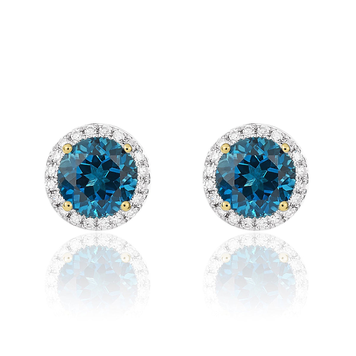 9ct Yellow Gold Round Natural London Blue Topaz & Diamond Claw Set Cluster Stud Earrings — 6mm