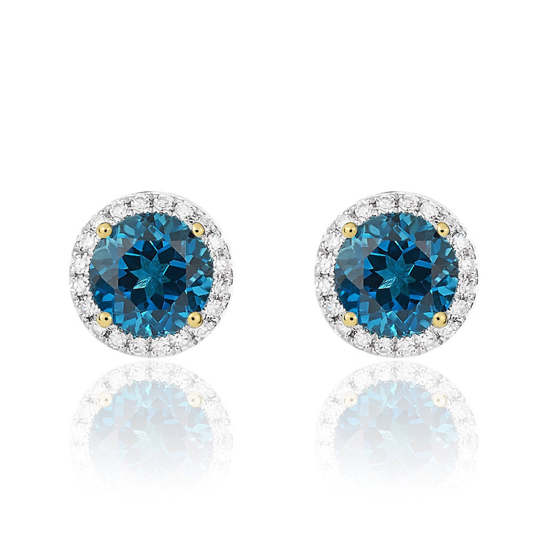 9ct Yellow Gold Round Natural London Blue Topaz & Diamond Claw Set Cluster Stud Earrings — 6mm