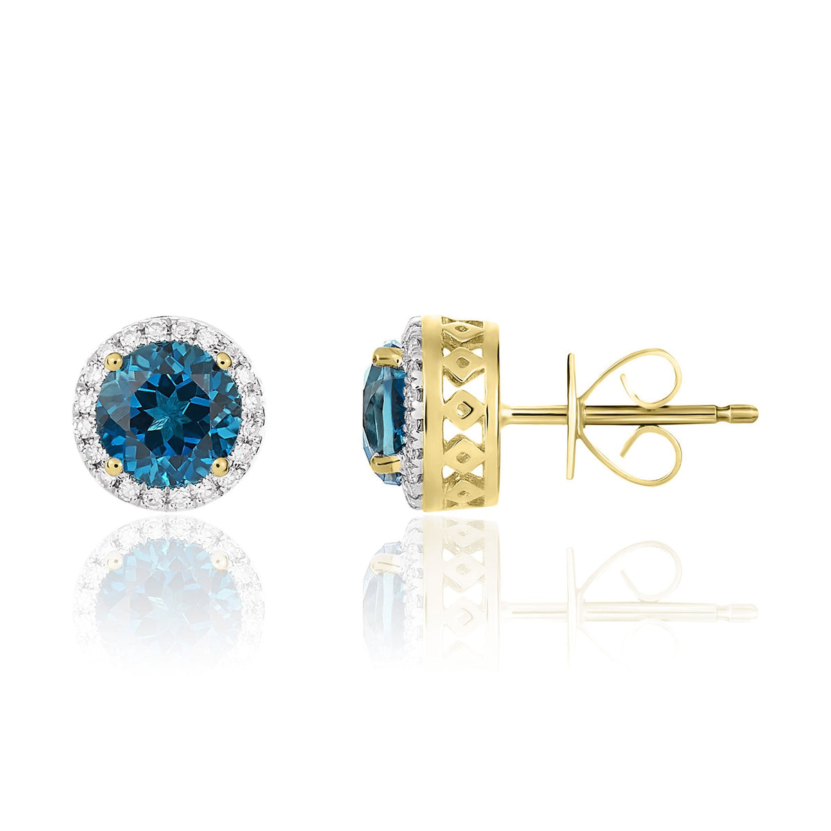 9ct Yellow Gold Round Natural London Blue Topaz & Diamond Claw Set Cluster Stud Earrings — 6mm
