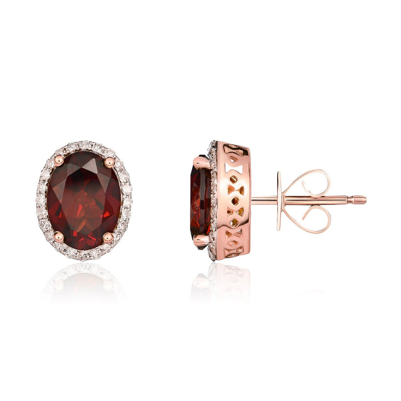 9ct Rose Gold Oval Natural Garnet & Diamond Claw Set Cluster Stud Earrings — 8x6mm