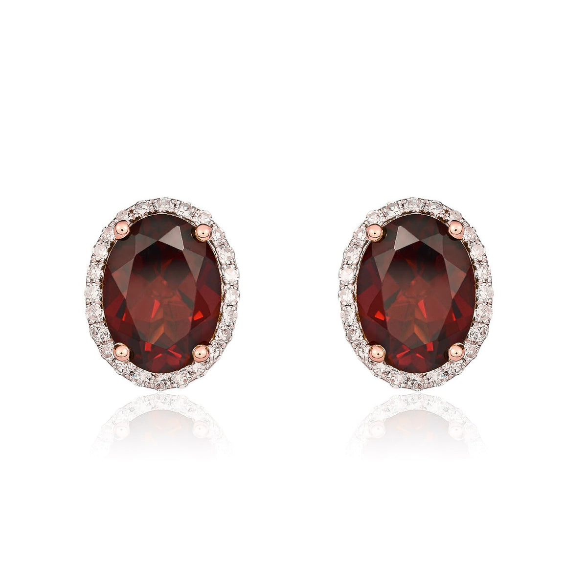 9ct Rose Gold Oval Natural Garnet & Diamond Claw Set Cluster Stud Earrings — 8x6mm