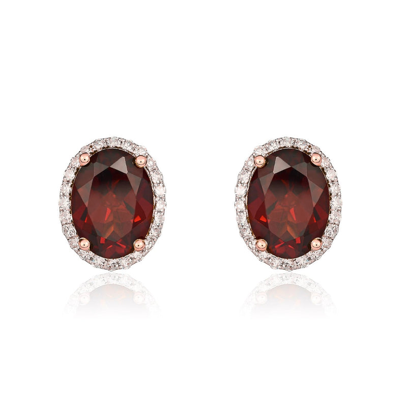 9ct Rose Gold Oval Natural Garnet & Diamond Claw Set Cluster Stud Earrings — 8x6mm