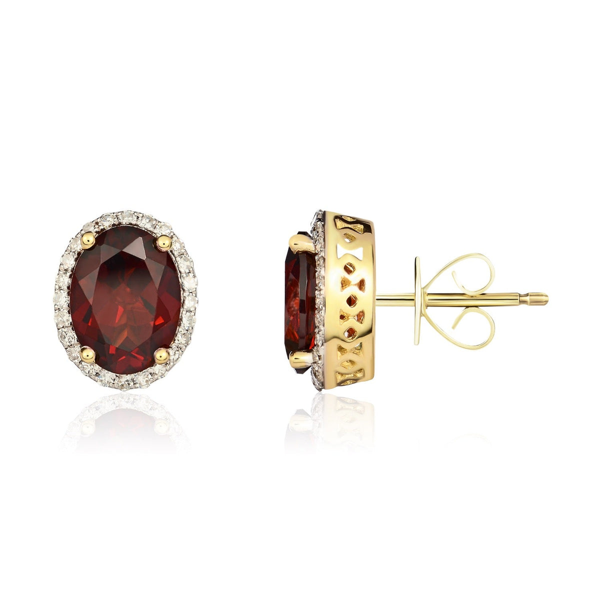 9ct Yellow Gold Oval Natural Garnet & Diamond Claw Set Cluster Stud Earrings — 8x6mm