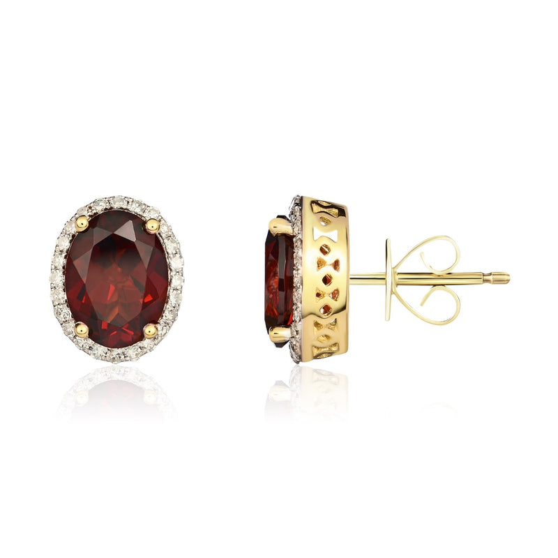 9ct Yellow Gold Oval Natural Garnet & Diamond Claw Set Cluster Stud Earrings — 8x6mm