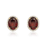 9ct Yellow Gold Oval Natural Garnet & Diamond Claw Set Cluster Stud Earrings — 8x6mm