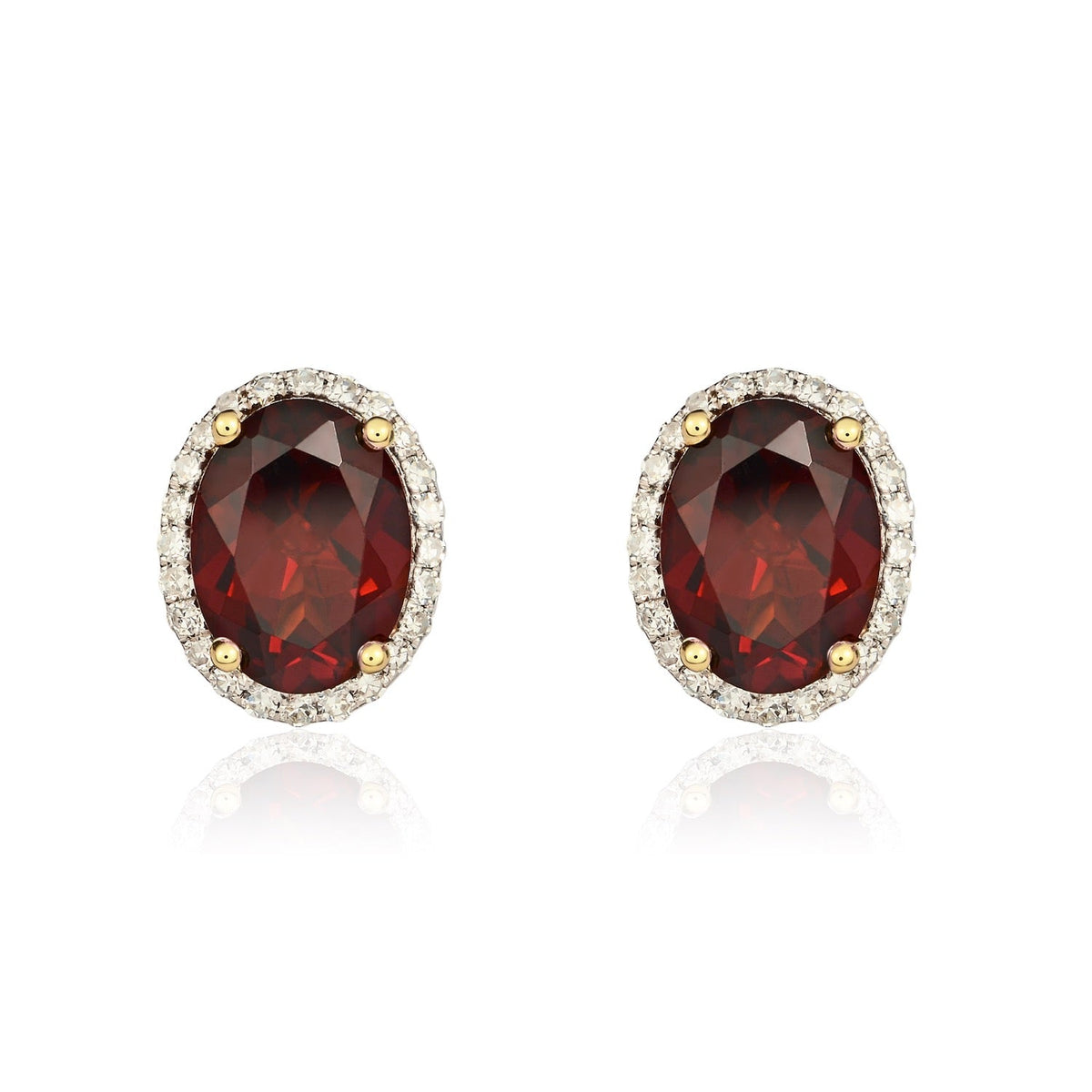 9ct Yellow Gold Oval Natural Garnet & Diamond Claw Set Cluster Stud Earrings — 8x6mm