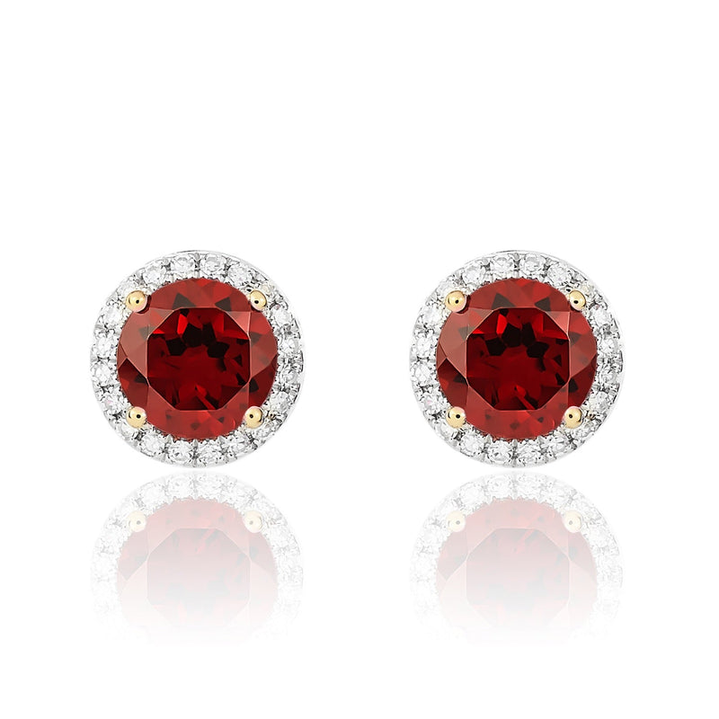 9ct Yellow Gold Round Natural Garnet & Diamond Claw Set Cluster Stud Earrings — 6mm