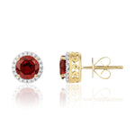 9ct Yellow Gold Round Natural Garnet & Diamond Claw Set Cluster Stud Earrings — 6mm