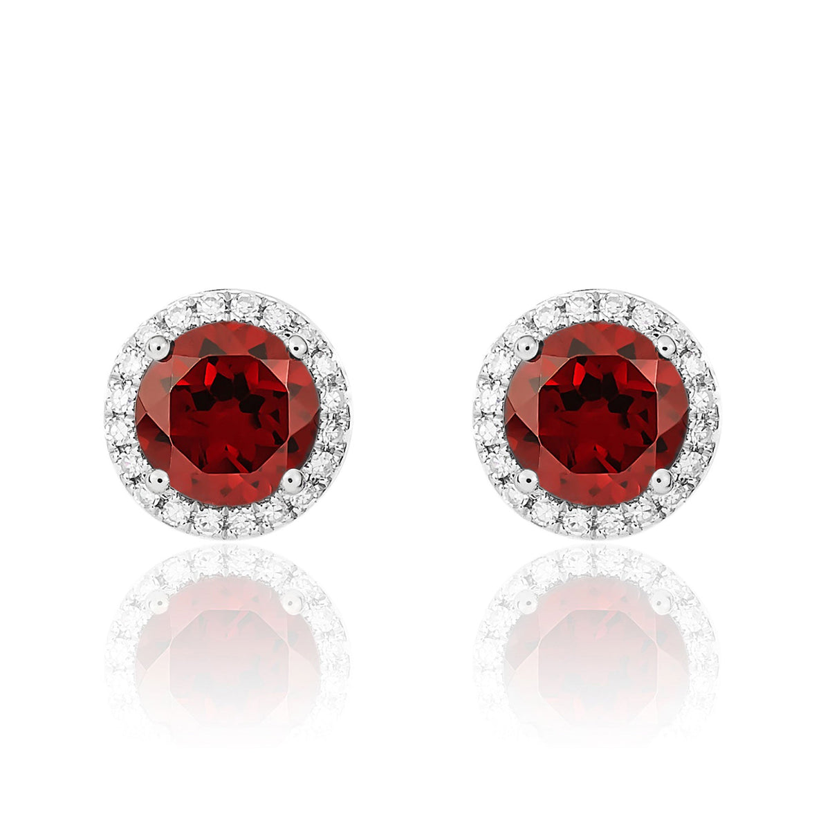 9ct White Gold Round Natural Garnet & Diamond Claw Set Cluster Stud Earrings — 6mm