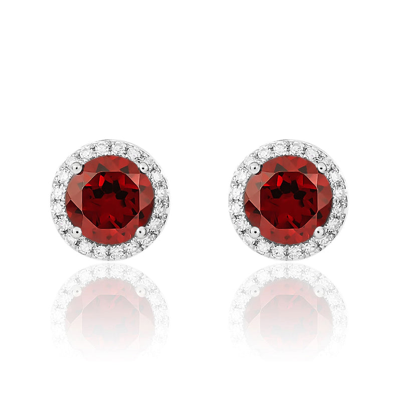 9ct White Gold Round Natural Garnet & Diamond Claw Set Cluster Stud Earrings — 6mm