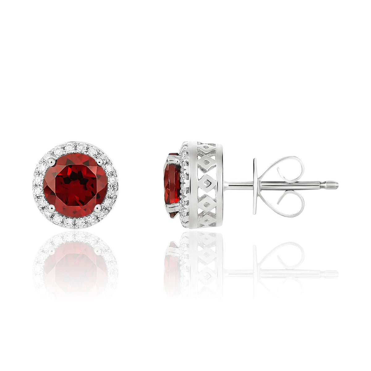 9ct White Gold Round Natural Garnet & Diamond Claw Set Cluster Stud Earrings — 6mm