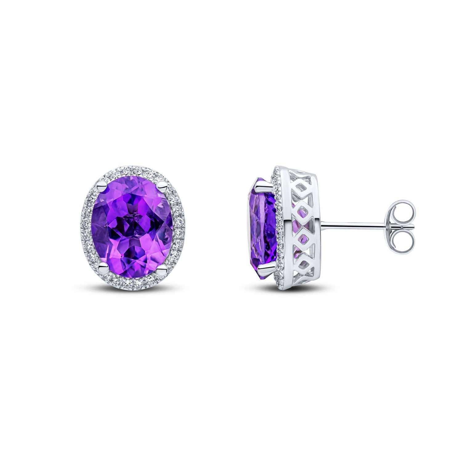9ct White Gold Oval Natural Amethyst and Diamond Cluster Stud Earrings — 10x8mm