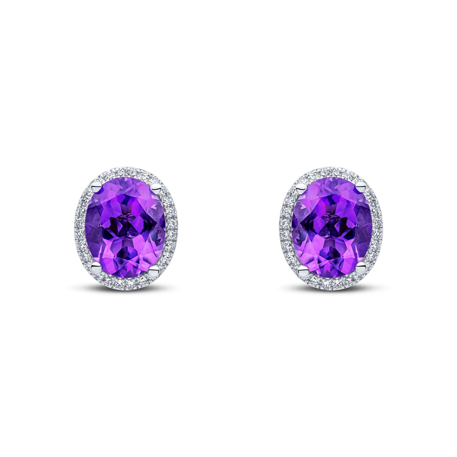 9ct White Gold Oval Natural Amethyst and Diamond Cluster Stud Earrings — 10x8mm