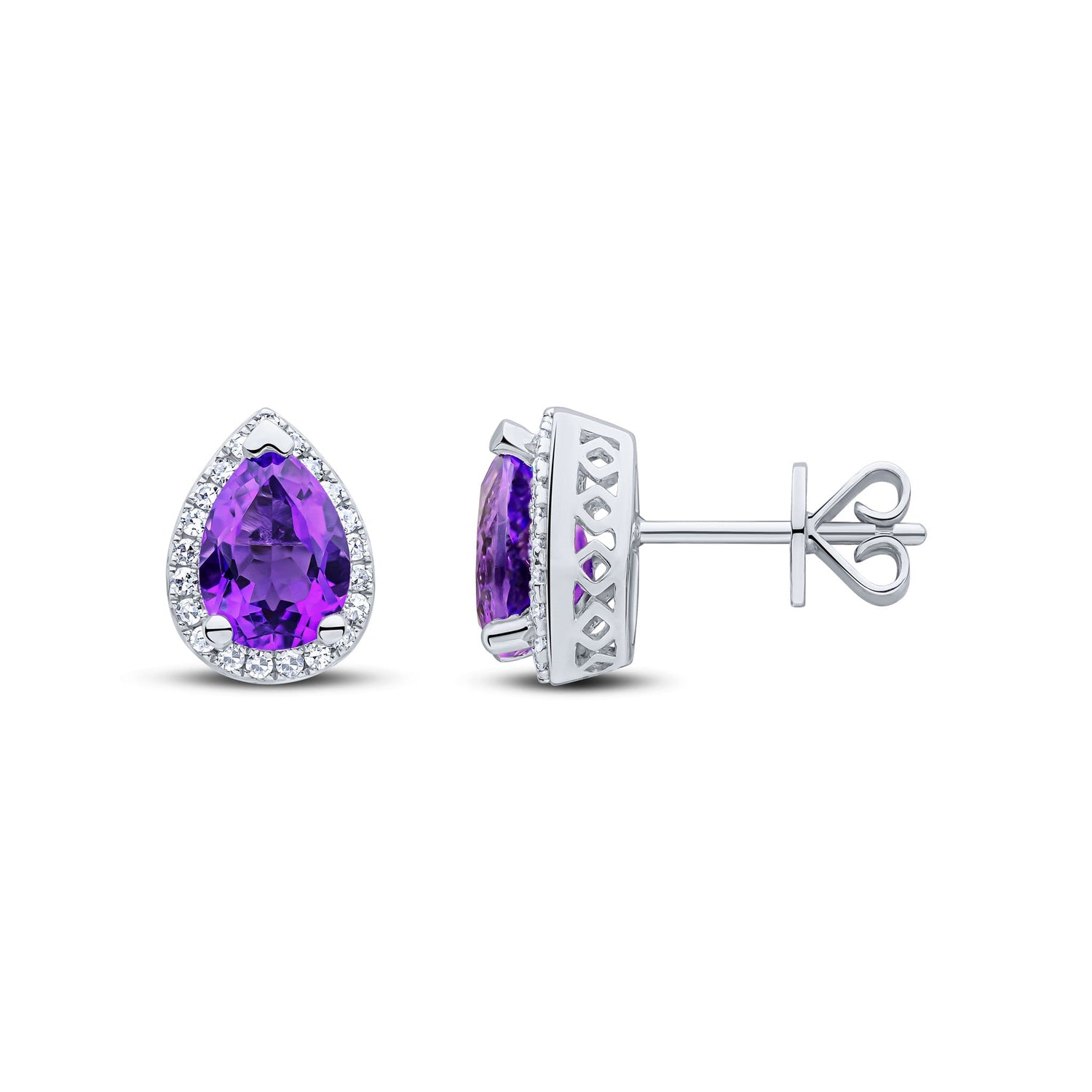 9ct White Gold Pear Shaped Natural Amethyst and Diamond Cluster Earrings — 7x5mm
