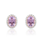 9ct Rose Gold Oval Natural Pink Amethyst & Diamond Claw Set Cluster Stud Earrings — 7x5mm