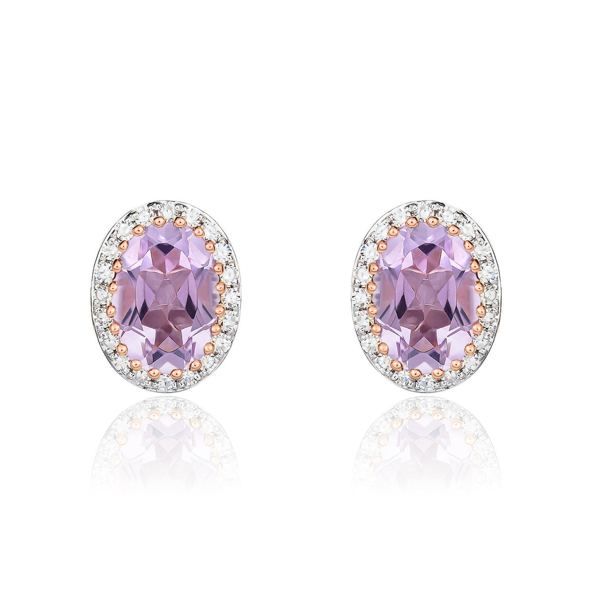 9ct Rose Gold Oval Natural Pink Amethyst & Diamond Claw Set Cluster Stud Earrings — 7x5mm
