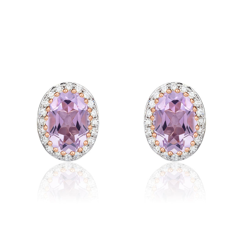 9ct Rose Gold Oval Natural Pink Amethyst & Diamond Claw Set Cluster Stud Earrings — 7x5mm