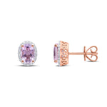 9ct Rose Gold Oval Natural Pink Amethyst & Diamond Claw Set Cluster Stud Earrings — 7x5mm