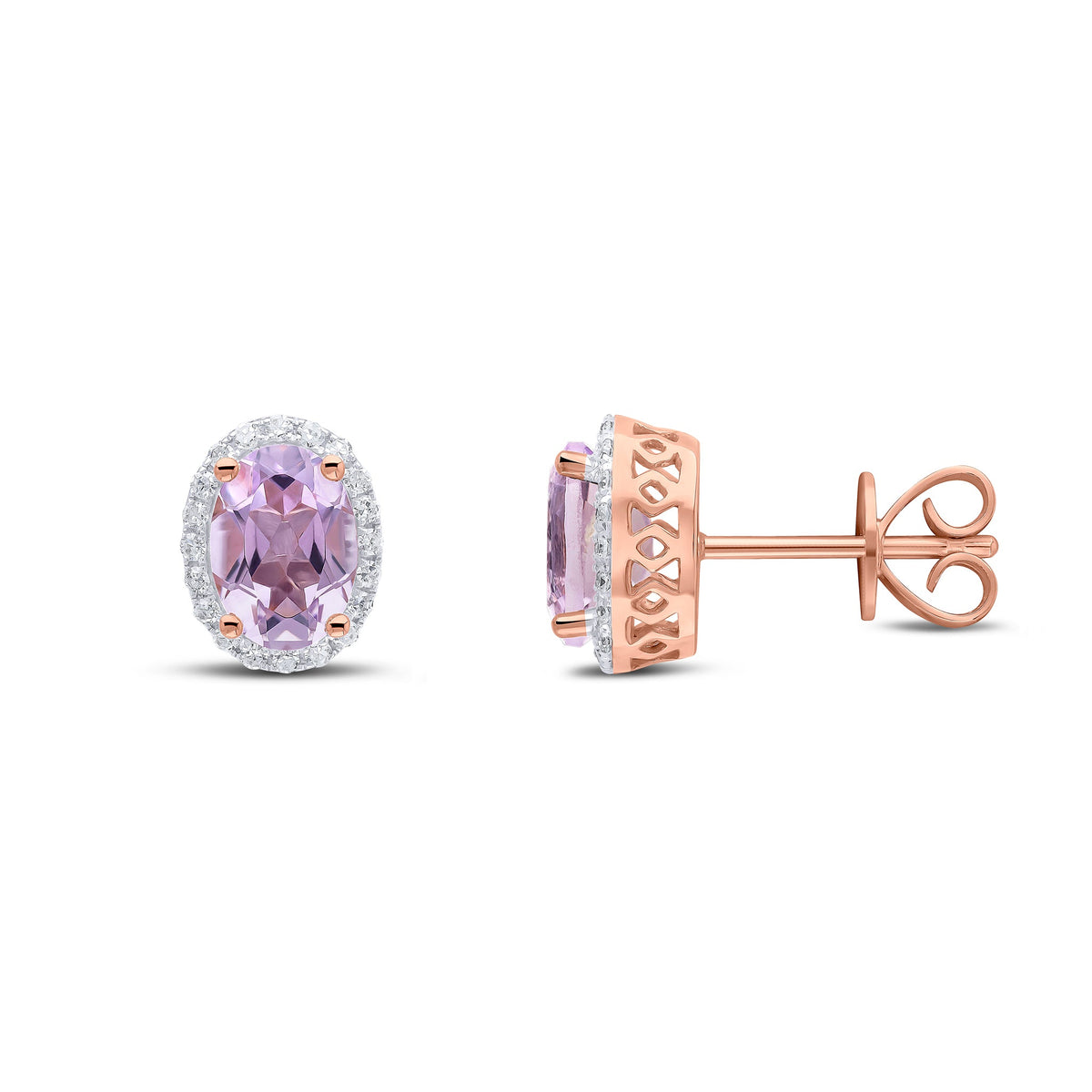 9ct Rose Gold Oval Natural Pink Amethyst & Diamond Claw Set Cluster Stud Earrings — 7x5mm