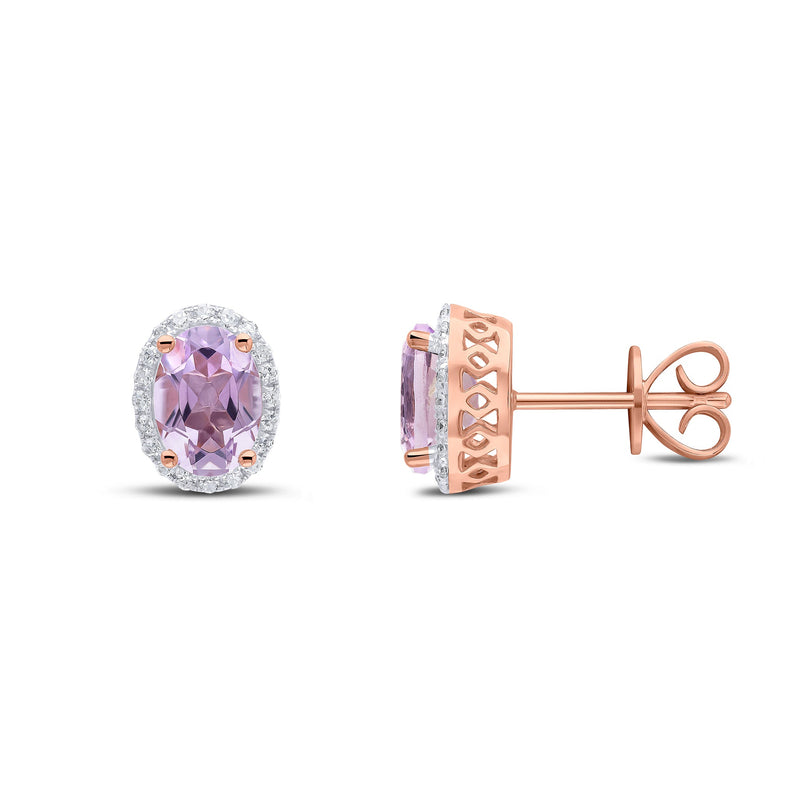 9ct Rose Gold Oval Natural Pink Amethyst & Diamond Claw Set Cluster Stud Earrings — 7x5mm