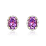 9ct Yellow Gold Oval Natural Amethyst & Diamond Claw Set Cluster Stud Earrings — 8x6mm