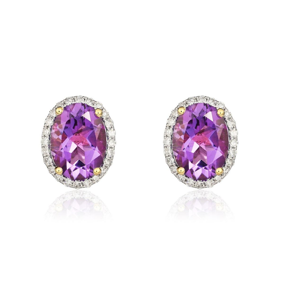 9ct Yellow Gold Oval Natural Amethyst & Diamond Claw Set Cluster Stud Earrings — 8x6mm