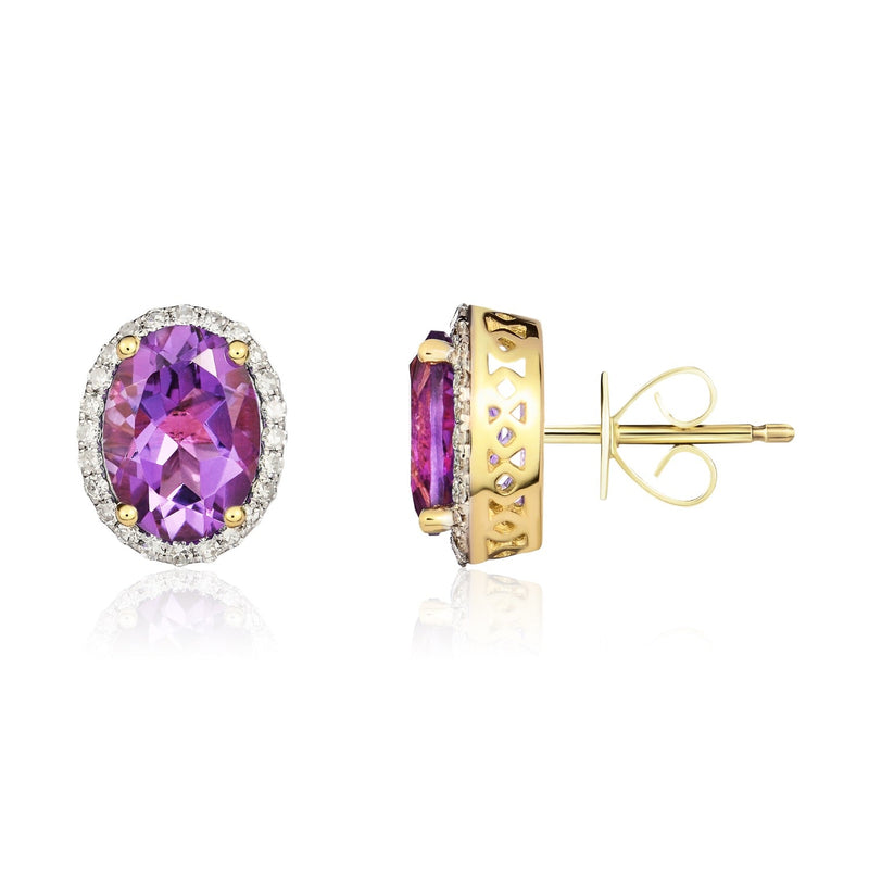 9ct Yellow Gold Oval Natural Amethyst & Diamond Claw Set Cluster Stud Earrings — 8x6mm
