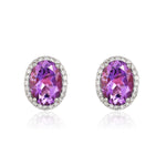 9ct White Gold Oval Natural Amethyst & Diamond Claw Set Cluster Stud Earrings — 8x6mm