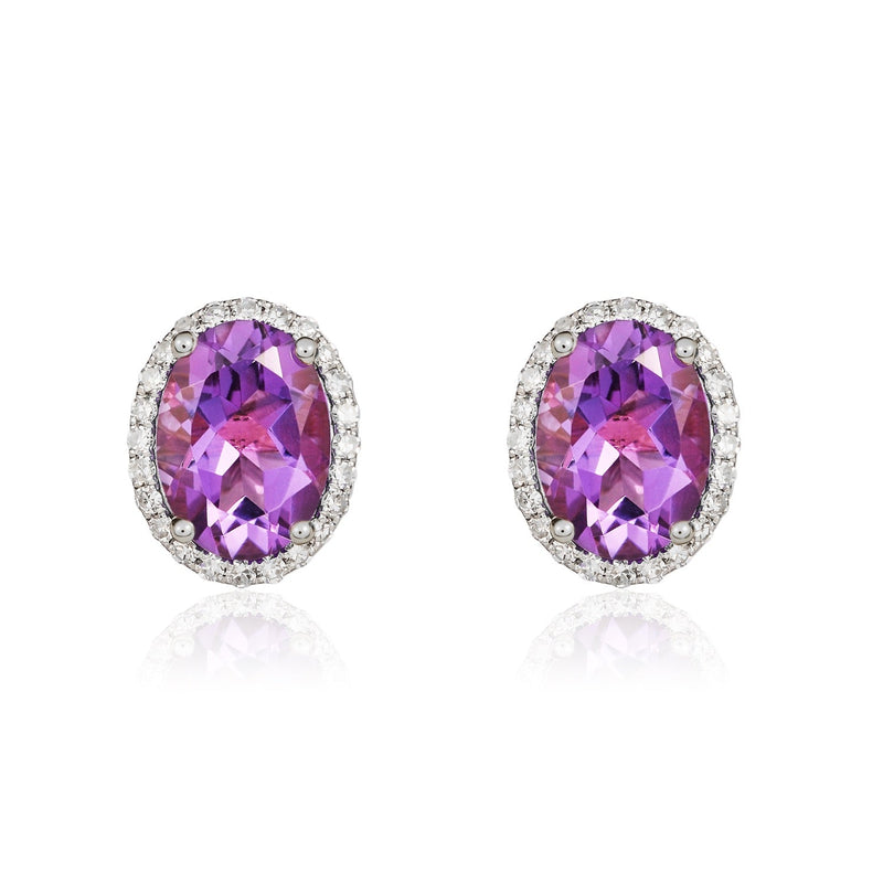 9ct White Gold Oval Natural Amethyst & Diamond Claw Set Cluster Stud Earrings — 8x6mm