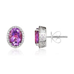 9ct White Gold Oval Natural Amethyst & Diamond Claw Set Cluster Stud Earrings — 8x6mm