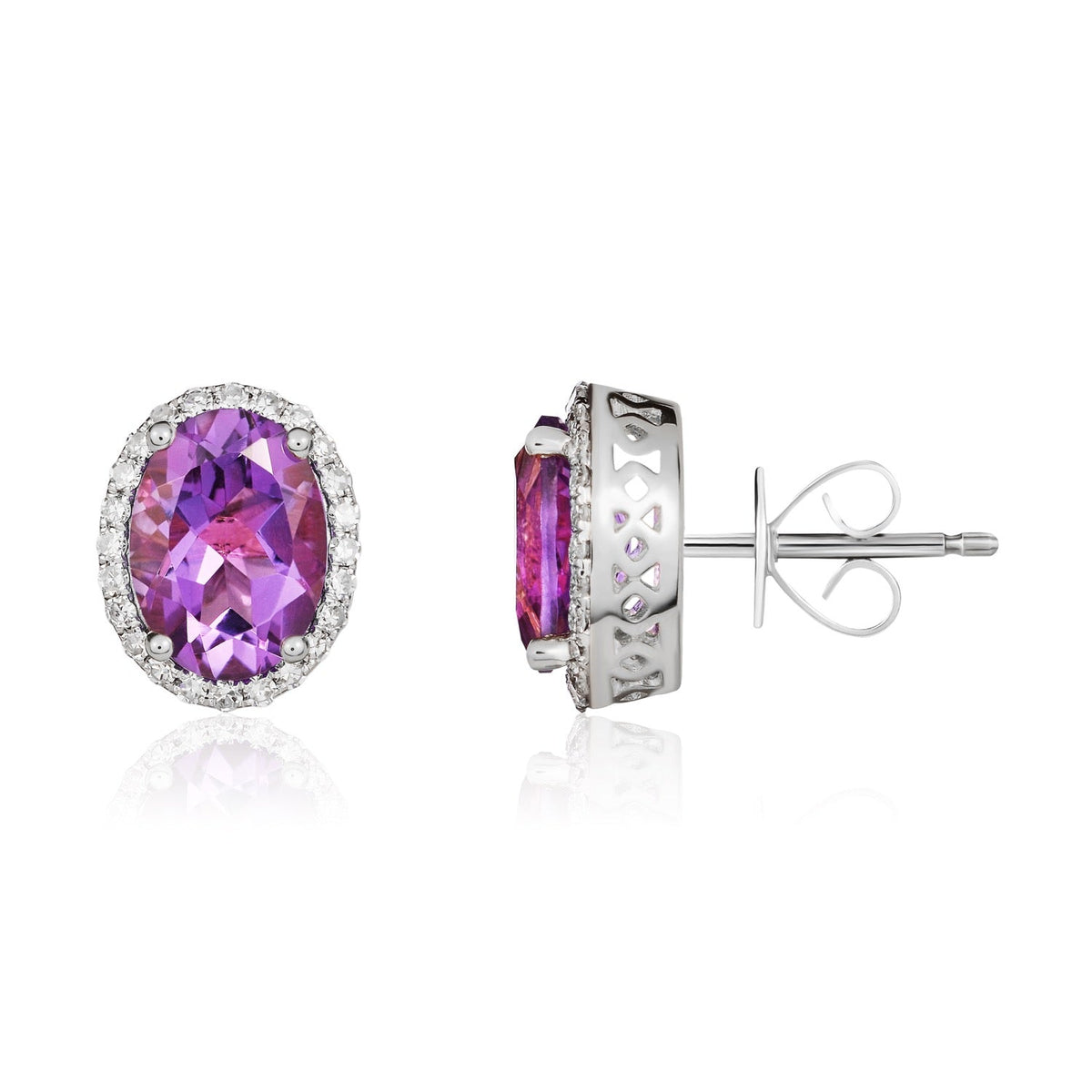 9ct White Gold Oval Natural Amethyst & Diamond Claw Set Cluster Stud Earrings — 8x6mm