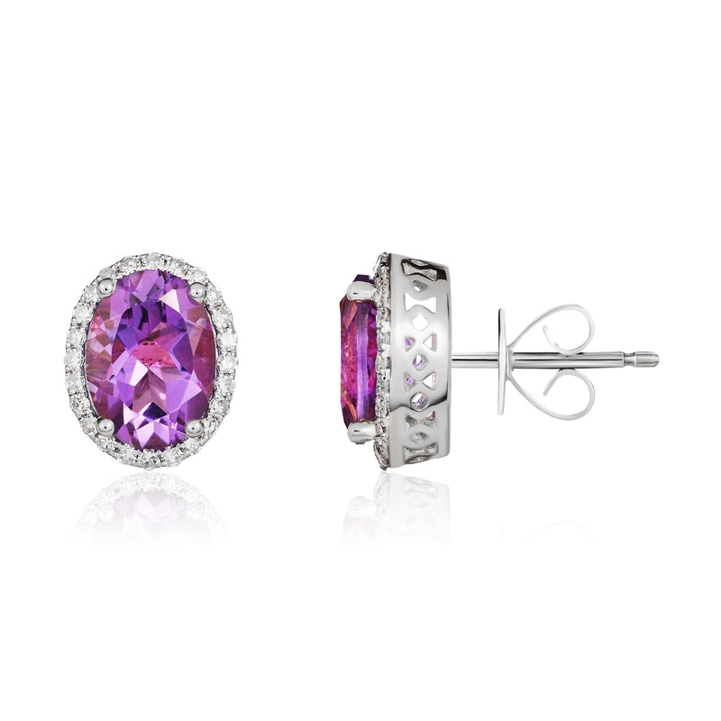 9ct White Gold Oval Natural Amethyst & Diamond Claw Set Cluster Stud Earrings — 8x6mm