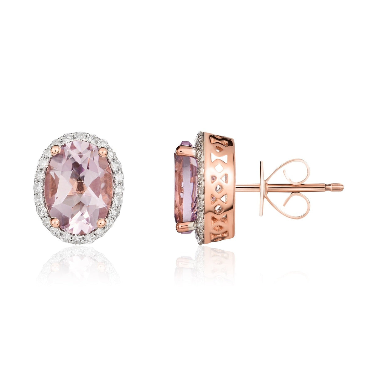 9ct Rose Gold Oval Natural Pink Amethyst & Diamond Claw Set Cluster Stud Earrings — 8x6mm