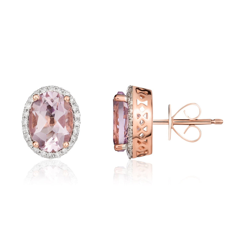 9ct Rose Gold Oval Natural Pink Amethyst & Diamond Claw Set Cluster Stud Earrings — 8x6mm