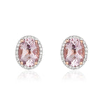 9ct Rose Gold Oval Natural Pink Amethyst & Diamond Claw Set Cluster Stud Earrings — 8x6mm