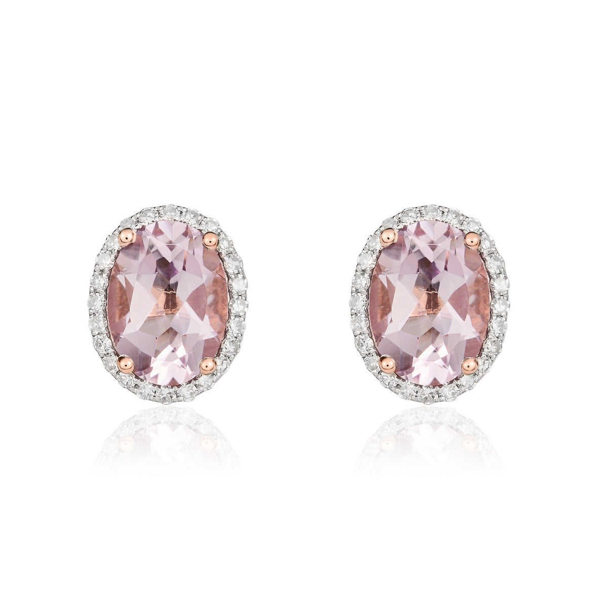9ct Rose Gold Oval Natural Pink Amethyst & Diamond Claw Set Cluster Stud Earrings — 8x6mm