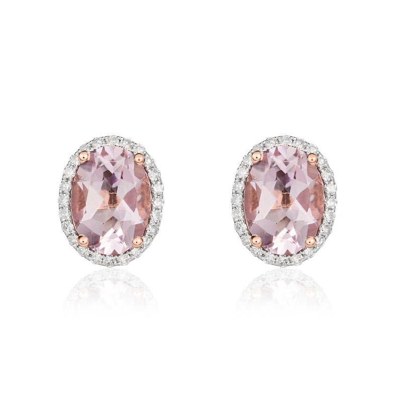 9ct Rose Gold Oval Natural Pink Amethyst & Diamond Claw Set Cluster Stud Earrings — 8x6mm